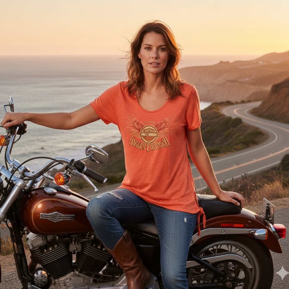 Women's Plus Size Orange El Paso Texas Harley Davidson T-shirt with Side Ties